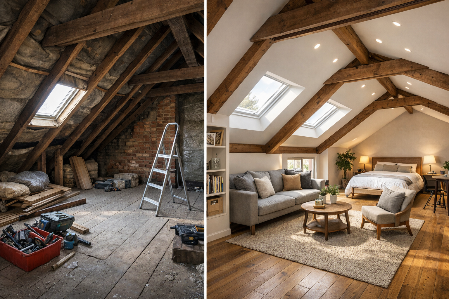 Combles perdus en cours de transformation en espace habitable avec isolation et aménagement intérieur