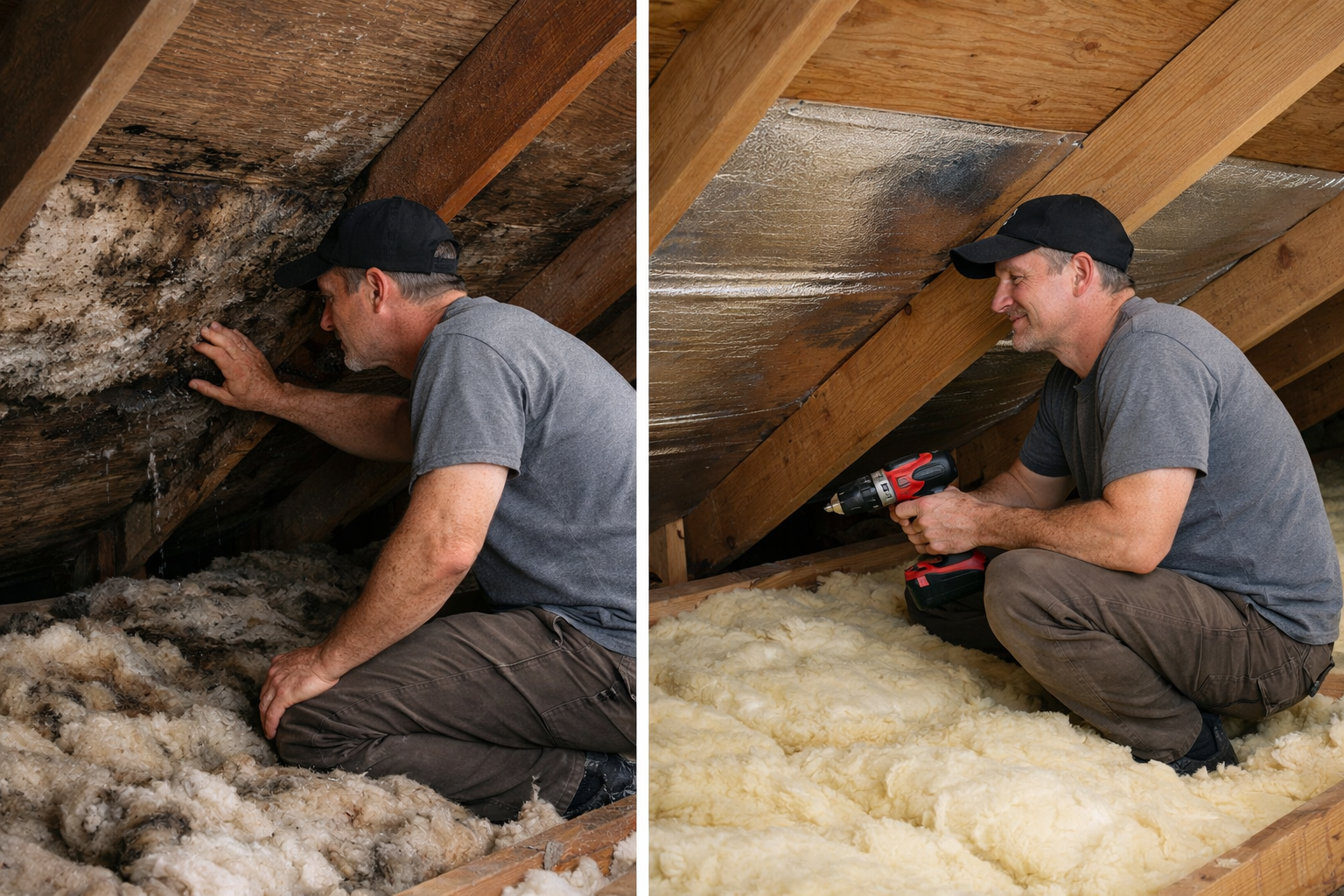Détection d'infiltrations d'eau dans des combles humides avec traces de moisissures sur charpente