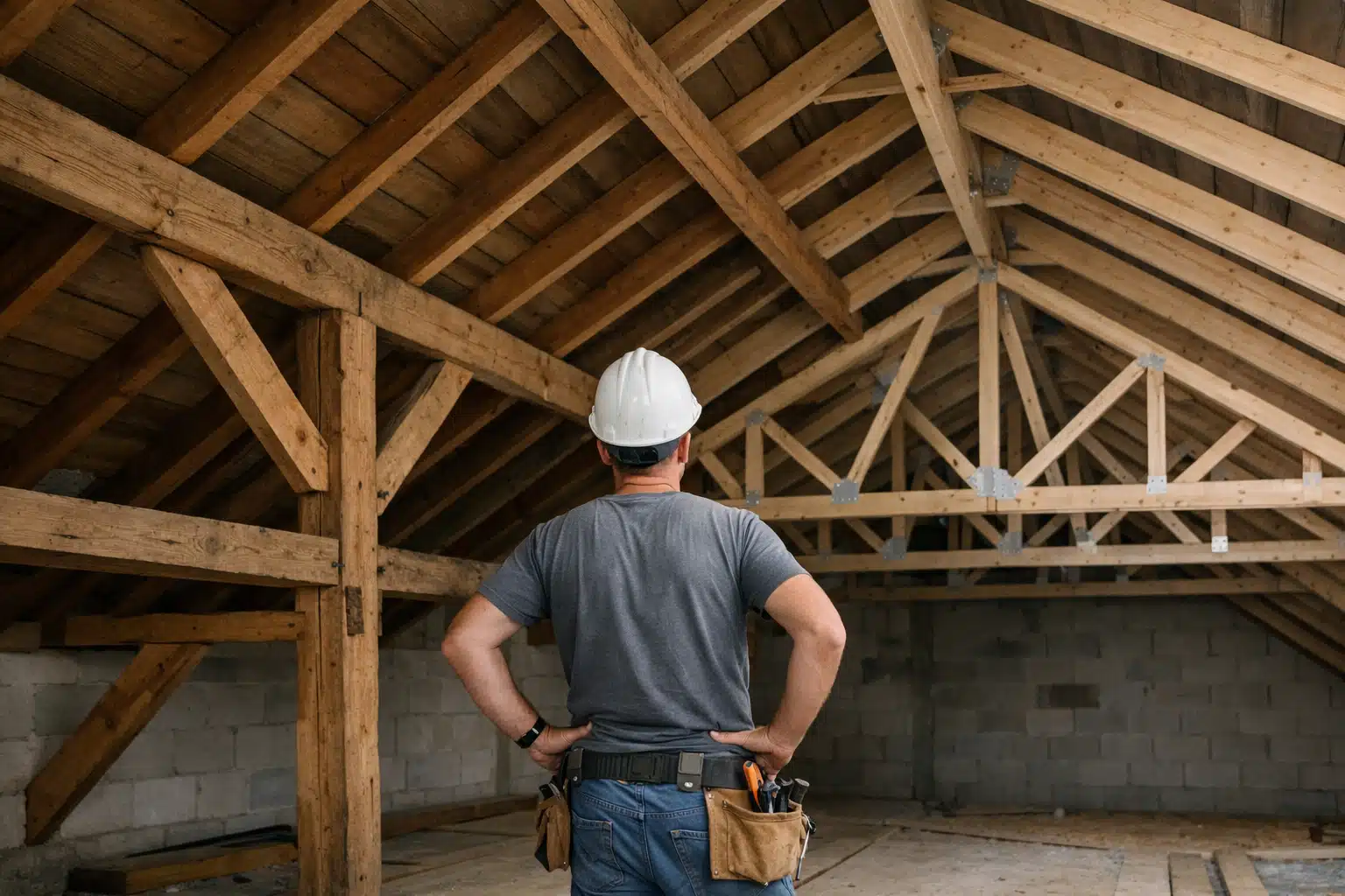Ouvrier en casque observant une charpente en bois