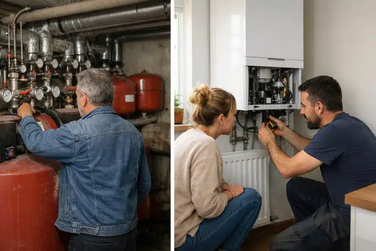 Deux techniciens travaillant sur chaudière et tableau électrique