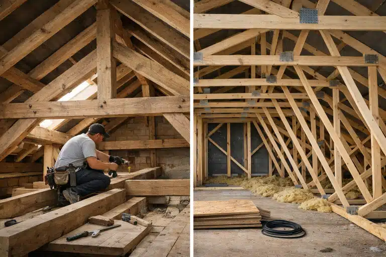 Charpentier travaillant sur charpente de combles en bois