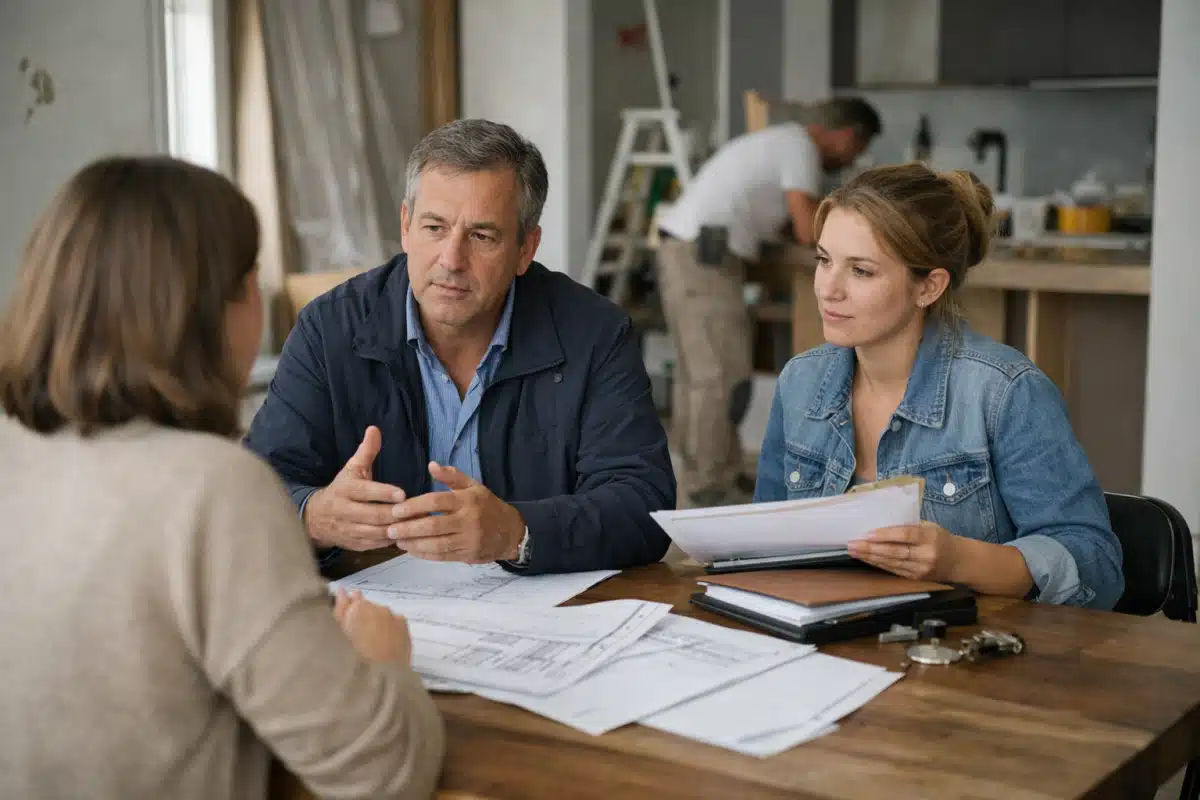 Homme et femme discutant plans de rénovation, ouvriers en arrière