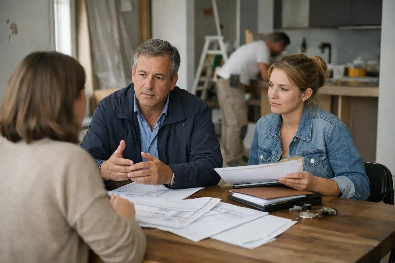 Homme et femme discutant plans de rénovation, ouvriers en arrière