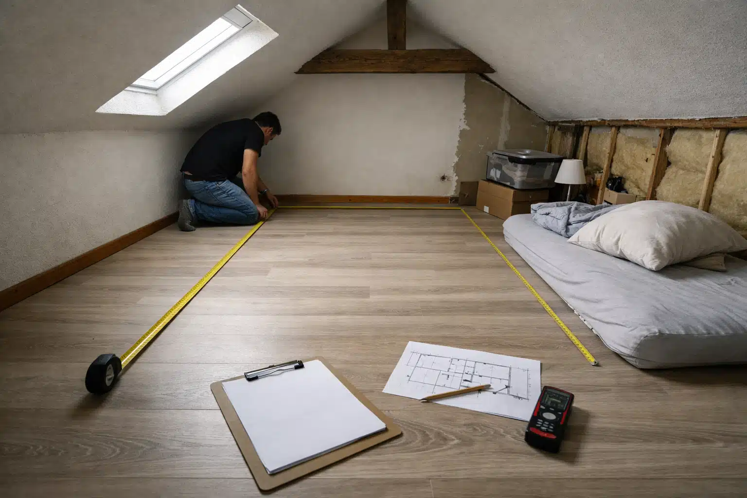 Poseur installant un sol stratifié sous combles