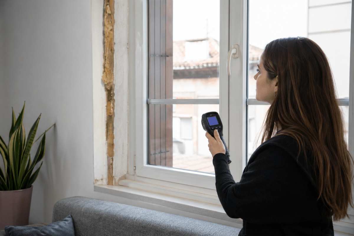 Femme tenant une caméra thermique près d'une fenêtre