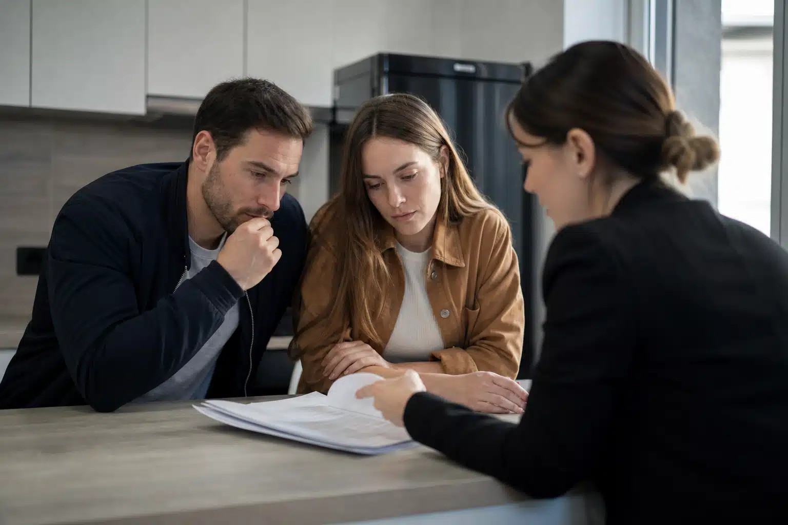 Trois personnes examinant des documents sur une table