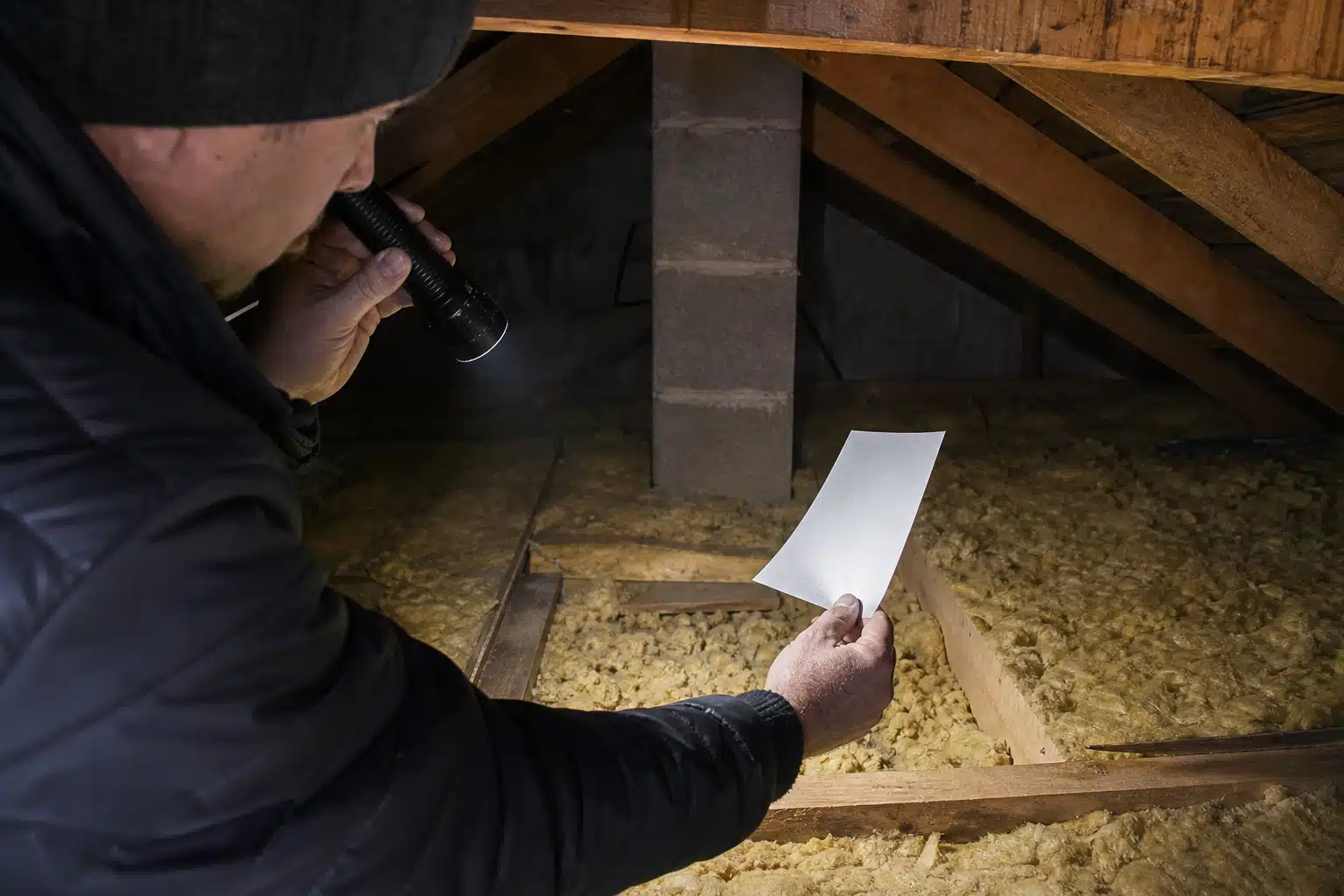 Personne inspectant l'isolation des combles avec lampe