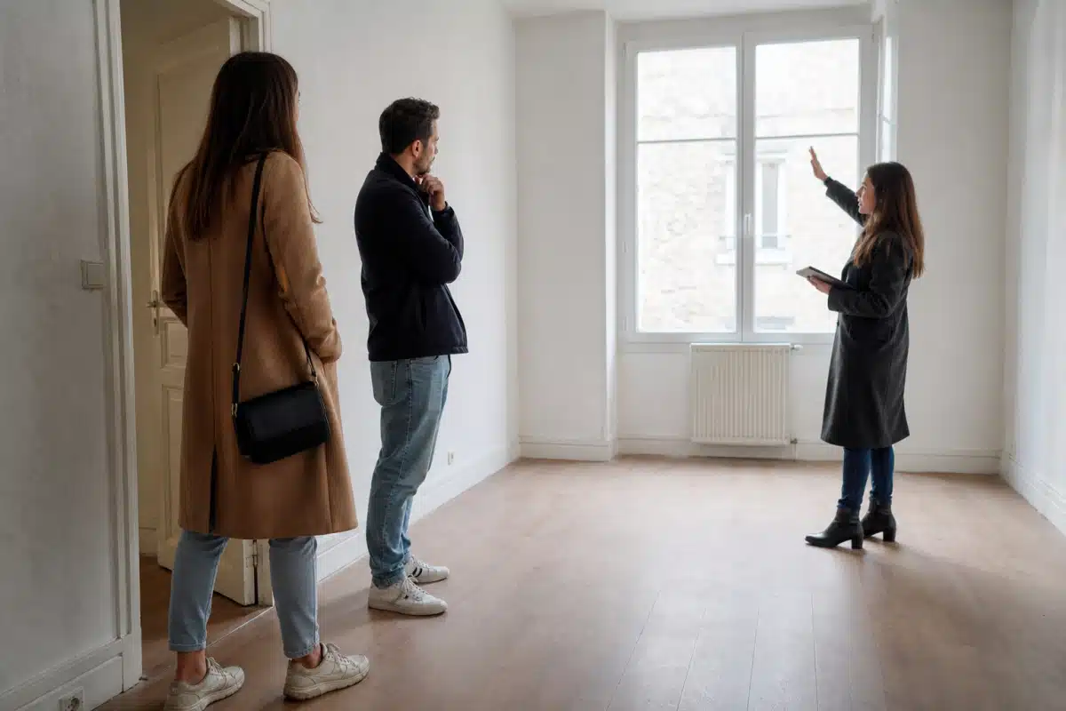 Agent immobilier montrant appartement vide à des clients