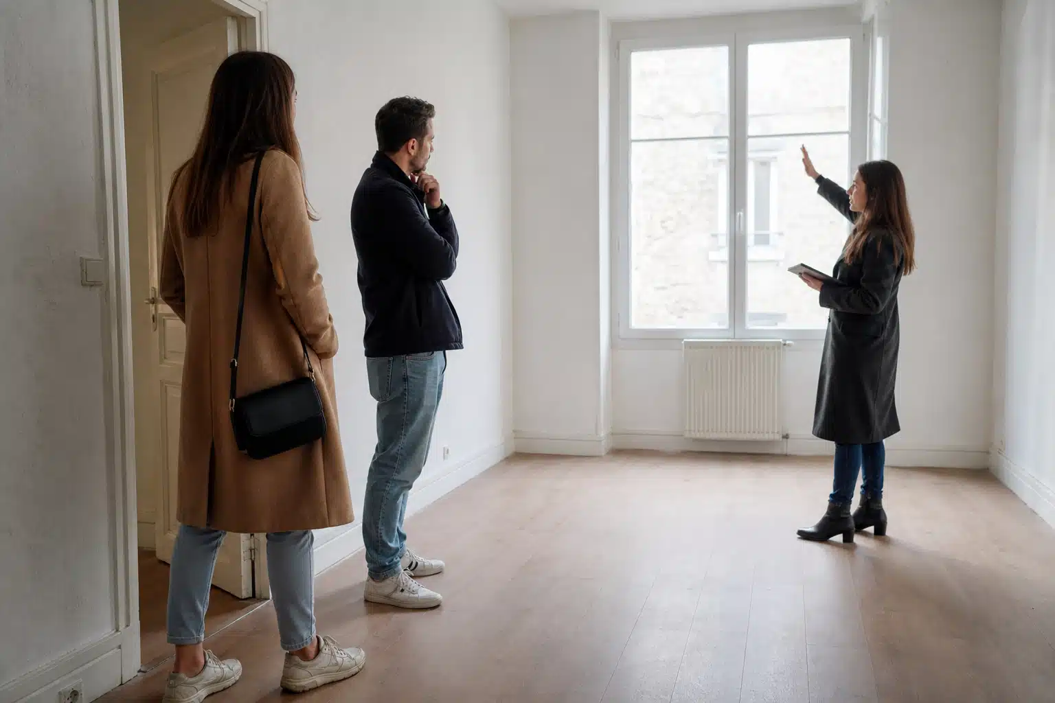 Agent immobilier montrant appartement vide à des clients